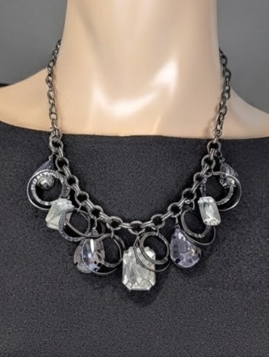 Jewelry - Hammered Gunmetal Statement Fashion Necklace Crystal Charms Chunky Chain Jewelry